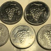 Lotto 5 monete da 5 Lire "Uva" (1946-1950)