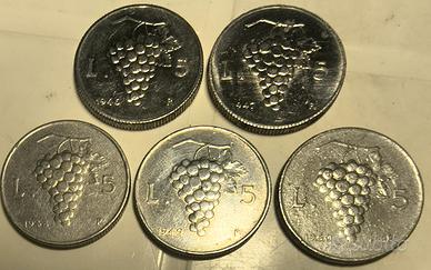 Lotto 5 monete da 5 Lire "Uva" (1946-1950)