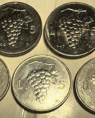 Lotto 5 monete da 5 Lire "Uva" (1946-1950)