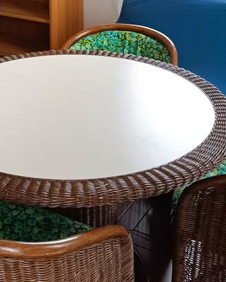 Tavolo, 4 poltroncine, carrello midollino bambù