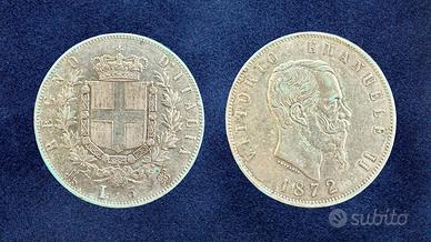 5 Lire 1872 M moneta Argento Italia Scudo Milano