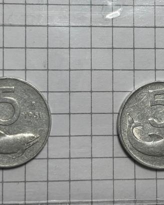Moneta 5 lire del 1951 e del 1955