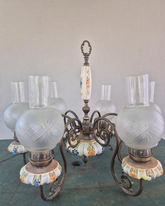 Lampadario vintage 5 luci in ottone e ceramica dec