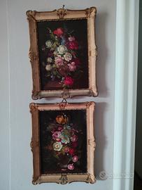 Coppia Quadri Nature Morte Floreali Cornice Dorata
