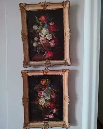 Coppia Quadri Nature Morte Floreali Cornice Dorata