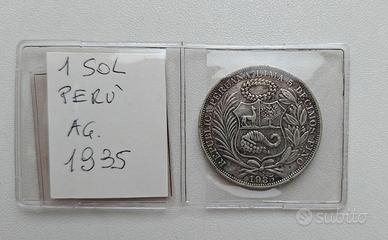 1 SOL PERU' ARGENTO MONETA 1935 SCUDONE AMERICA