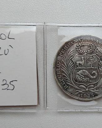 1 SOL PERU' ARGENTO MONETA 1935 SCUDONE AMERICA