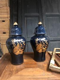 coppia di potiche vasi in ceramica blu