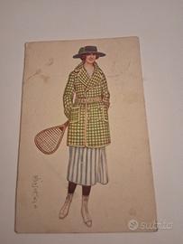 Cartolina Donna con Racchetta illustratore Colombo