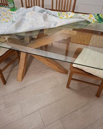 tavolo in vetro con piede in legno