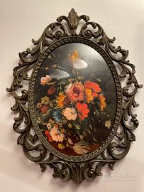 Cornice ovale vintage antica in ottone e vetro