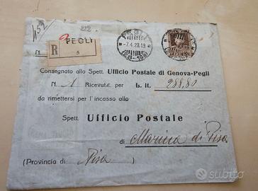 Busta Racc. "Incasso" 1928 Genova-Pisa (Stampa Sic