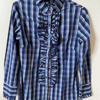 Camicia a quadri bianchi e blu con ruches