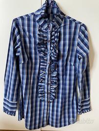 Camicia a quadri bianchi e blu con ruches