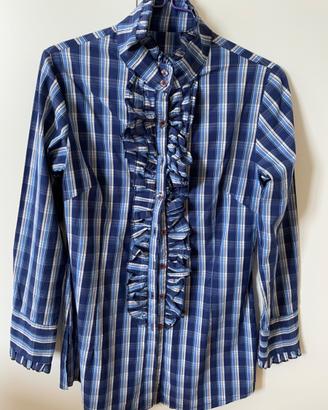 Camicia a quadri bianchi e blu con ruches