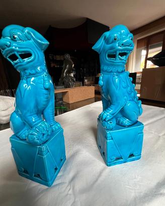 Coppia Leoni di Fu (Cani di Pho) Ceramica Turchese