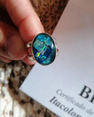 Anello argento 950, pietra naturale Opala Mosaico
