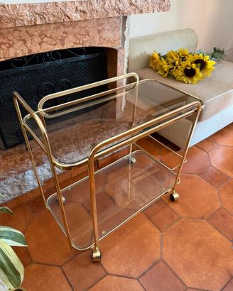 Carrello in metallo dorato e vetro porta alcolici