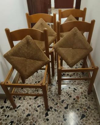 4 sedie da cucina in legno color noce impagliate