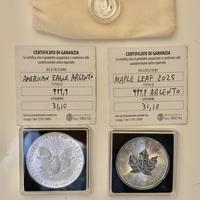 Lotto monete Maple Leaf, Silver Eagle e Britannia
