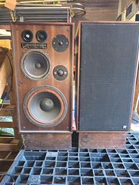 Postazione da DJ vintage con casse acustiche.