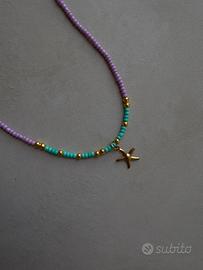 Collana perline pastello lilla oro e turchese