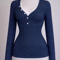 Maglia Blu Costine Manica Lunga-S-Scollo V-Nuovo