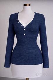 Maglia Blu Costine Manica Lunga-S-Scollo V-Nuovo