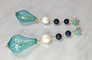 Orecchini; argento 925, vetro Murano, lapis, perle