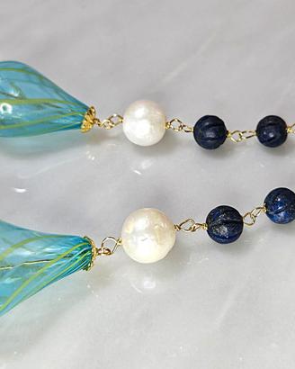 Orecchini; argento 925, vetro Murano, lapis, perle