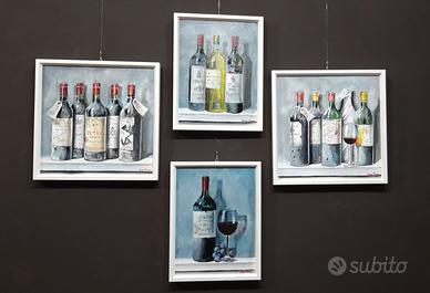 Set dipinti olio su tela di bottiglie vintage