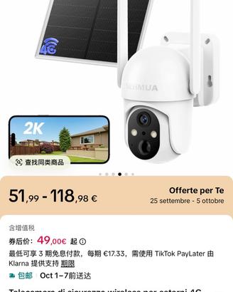 Telecamera SEHMUA 4G LTE 2K con Pannello Solare