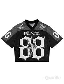 T-shirt da baseball nera e buanca stile vintage