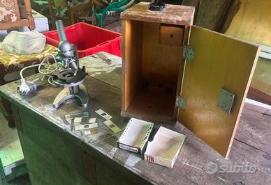 Microscopio vintage scatola legno, lotto