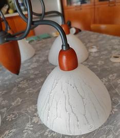 lampadario vintage 5 lumi ferro battuto legno e ve