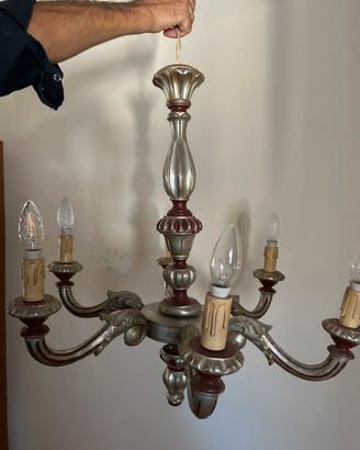 Lampadario vintage legno candelabri 6 bracci
