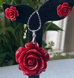 Parure rosa intagliata di corallo rosso NUOVA