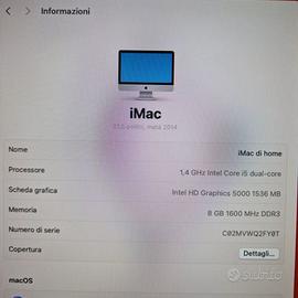 Imac 21.5 meta 2014 i5 8 ram500. SSD