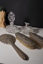 Set da toillette vintage anni 60 in peltro e vetro