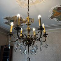 Lampadario Vintage in Bronzo e Cristallo