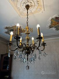 Lampadario Vintage in Bronzo e Cristallo