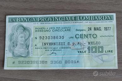 miniassegno 100 lire Banca Provinciale Lombarda