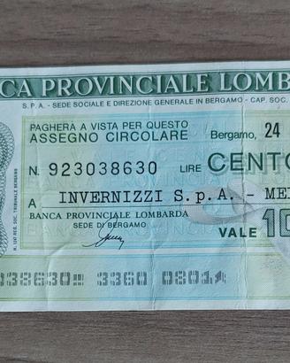 miniassegno 100 lire Banca Provinciale Lombarda