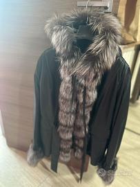 Giubbotto in pelle con cappuccio nero/grigio