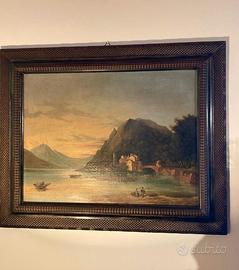 Quadro antico '800 dipinto a mano, lago di Como