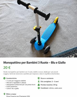Monopattino bambini 3 ruote regolabile