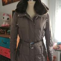 Piumino d'oca lungo marrone/grigio con cappuccio