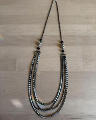 Collana vintage multifilo gunmetal con strass