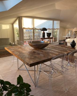Tavola piano in legno 160x160, piedi in acciaio