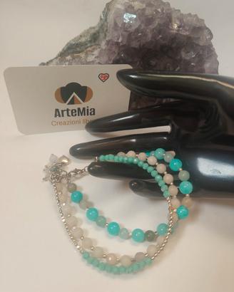 bracciale 3 fili amazzonite,cristalli ,agata